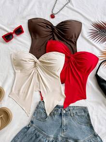 Soleia Bộ đồ nữ gồm áo croptop dệt kim màu xanh dương, kiểu dáng xoắn, viền bèo bất thường, thích hợp cho kỳ nghỉ; áo croptop dệt kim màu vàng, kiểu dáng xoắn, viền bèo bất thường, và áo blouse dệt kim màu trắng, co giãn, kiểu dáng trơn, viền bèo bất thường, thoải mái cho mọi mùa, dự tiệc, hẹn hò, tiệc trà chiều. - Nhiều màu - Xem 5