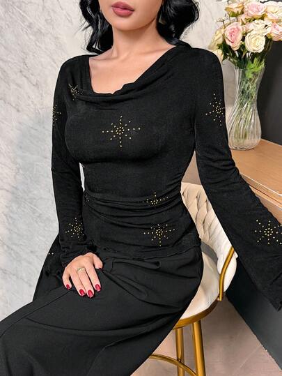 Feyla Women's Solid Color Draped Neck Fitted Rhinestone Decor Elegant Long Sleeve T-Shirt