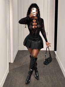 BamGleam Women's Sexy Hollow-Out High Stretch Sheer Bodysuit - Black - View 5