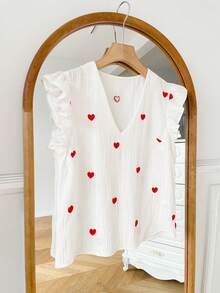 SHEIN Frenchy Women's Casual Heart Embroidery Textured Ruffle Hem Blouse, Summer - White - View 8