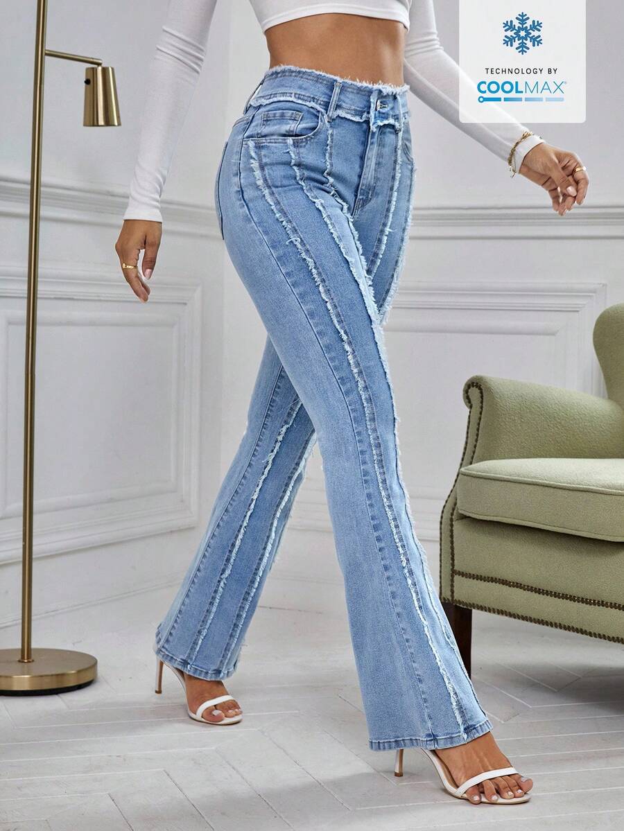 SHEIN Essnce Solid Color Frayed Hem Slant Pocket Elegant Flare Leg Jeans - Blue - View 1