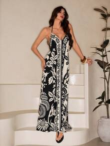 SHEIN Tall 女士度假热带波西米亚风花朵椰树印花吊带系带休闲沙滩夏季长裙 - 彩色 - 查看 7