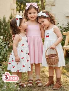 SHEIN Vintaside Kids Set de 3 vestidos sencillos y cómodos con estampado floral y de mariposas para niña bebé - Multicolor - Ver 5