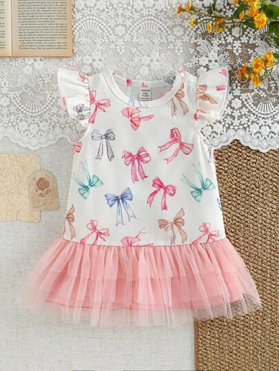 SHEIN Baby Girl Sweet Princess Style Multi-Color Bow Print Mesh Ruffle Hem Flutter Sleeve Dress