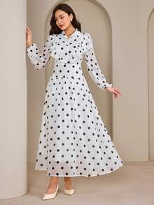 Graceveil 女士优雅通勤雪纺波点连衣裙，秋季 - 白色 - 查看 7