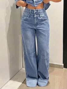 SHEIN Unity 女士休闲水洗双腰牛仔裤 - 中等水洗藍 - 查看 4