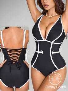Shapewave 1pc Women's Black & White Striped Backless Tie-Up One-Piece Swimsuit - Black and White - View 1