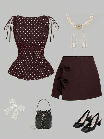  Sweetra Plus Size Women's Vintage Elegant French Cute Black & White Polka Dot Bow Strap Waist Cinched Fitted Casual Versatile Camisole, Suitable For Music Festivals, Vacations, Daily Outings, Back To School, Graduation, Women Teachers, Spring/Summer, Y2K, Streetwear, Halloween, Thanksgiving, Christmas, New Year Party