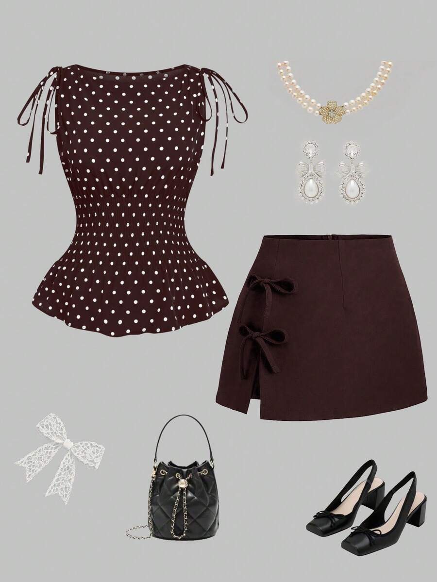 Áo camisole nữ cỡ lớn Sweetra kiểu dáng cổ điển thanh lịch Pháp màu đen trắng chấm bi, dây thắt nơ, ôm sát eo, vừa vặn, thoải mái và đa năng, phù hợp cho các lễ hội âm nhạc, kỳ nghỉ, đi chơi hàng ngày, tựu trường, lễ tốt nghiệp, giáo viên nữ, mùa xuân/hè, phong cách Y2K, thời trang đường phố, Halloween, Lễ Tạ ơn, Giáng sinh, tiệc năm mới. - Nhiều màu - Xem 1