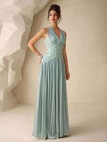 Coutiva Women's High-End Evening Dress, Elegant Sequin Shiny Elegant Luxury Halter Dress - Mint Green - View 6
