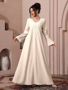 Al Najma Women's Loose Embroidered Beaded Robe For Ramadan - Apricot - View 5