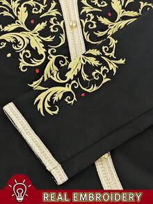 INAWLY 女士V领印花修身长袖连衣裙 - 黑色 - 查看 5