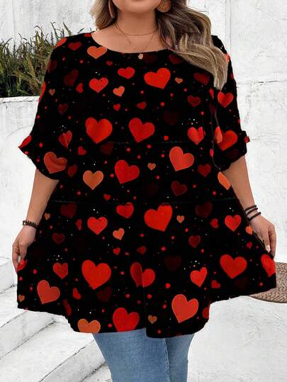 SHEIN CURVE+ Plus Size Casual Doll Collar Shirt, Red Heart Print, Valentine's Day