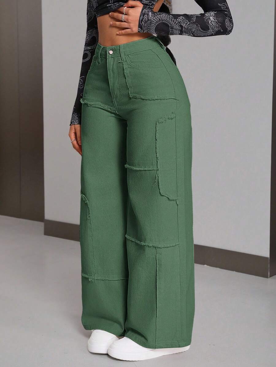 SHEIN Tall Women's Casual Fashion Street Loose Frayed Hem Wide Leg Jeans - Green - View 1