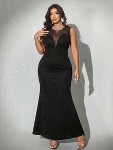 Viva Relle Vestido negro de malla transparente para mujer de talla grande, con dobladillo de sirena ajustado, adecuado para citas románticas, reuniones elegantes y un estilo sexy y maduro - Negro - Ver 2