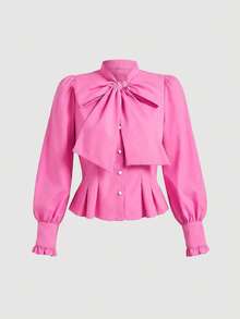 SHEIN MOD Plus Size Solid Color Minimalist Everyday Bow Decor Long Sleeve Shirt - Coral Pink - View 1