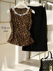 Franclia Leopard Print Fitted Sleeveless Top With Shimmering Pearls Neckline And Side Ruching,Dark Brown,Summer,Seductive,Party Night,Modern Cinched Waist Top - Multicolor - View 3