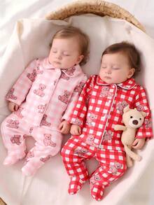 Newborn Baby Pajamas-2 Piece Pajama Set Bear Print Round Neck Long Sleeve Button Front Long Pants Cute Sleep Romper Toddler Girls Boys Loungewear Four Seasons Holiday 2026 Gift Soft Lightweight Pink Red Gingham Classic - Multicolor - View 3
