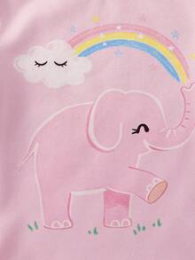 SHEIN 2pcs/Set Baby Girls' Pink Snug Fit Round Neck Long Sleeve Pants Knitted Soft & Cute Elephant & Rainbow Glow-In-The-Dark Pajamas, Best Gift For Baby Girls - Pink - View 7