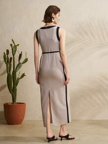 Airaco Women's Casual Commuter Sleeveless Contrast Color Round Neck Dress - Apricot - View 2