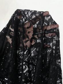 Mistrie Black Floral Lace Long Dress-Thin Straps-Transparent Sexy Long Dress - Black - View 7