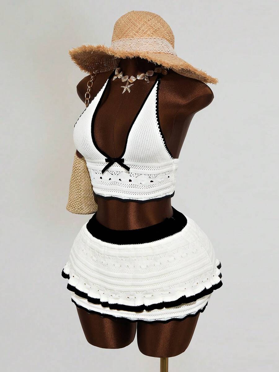 Mistrie 2pcs/Set Women V-Neck Fitted Wavy Pattern Knit Top + Wavy Pattern Ruffle Hem Short Knit Skirt - Black and White - View 1