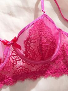 2pcs Set Magenta Lace Underwire Bra & Panty Set - Hot Pink - View 8