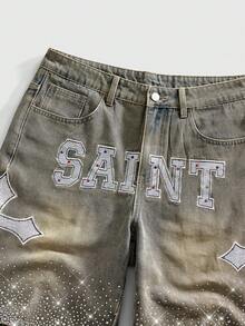 ROMWE MEN Men's Cross & Letter Applique Slant Pocket Casual Denim Shorts - Blue - View 4