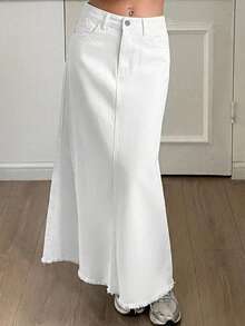 少女白色牛仔宽松长裙，春夏休闲度假乡村波西米亚风，沙滩装，舒适柔软的牛仔裤裙，长裙，白色长裙 - 白色 - 查看 4