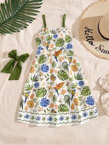 SHEIN 少女碎花吊带露背镂空连衣裙，饰有蝴蝶结 - 綠色 - 查看 8