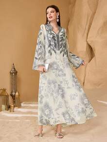 Layrah 复古优雅花卉印花拼接荷叶边领宽松长袖奢华连衣裙，女士款 - 彩色 - 查看 5