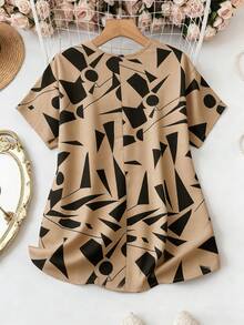 SHEIN LUNE CURVE 大码女式休闲度假V领蝙蝠袖印花衬衫，夏季 - 彩色 - 查看 2
