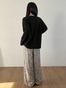DAZY 2pcs Women Floral Print V-Neck Loose Long Sleeve T-Shirt And Pants Pajama Set - Black - View 2