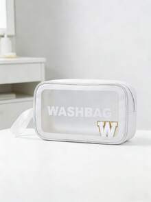 1PC Transparent Letter Toiletry Bag,Fashionable New Square Solid Color Makeup Bag With Embroidery Letters Summer Travel, Vacation Home Bathroom Decor Holiday Makeup Organizer Bathroom - White - View 1