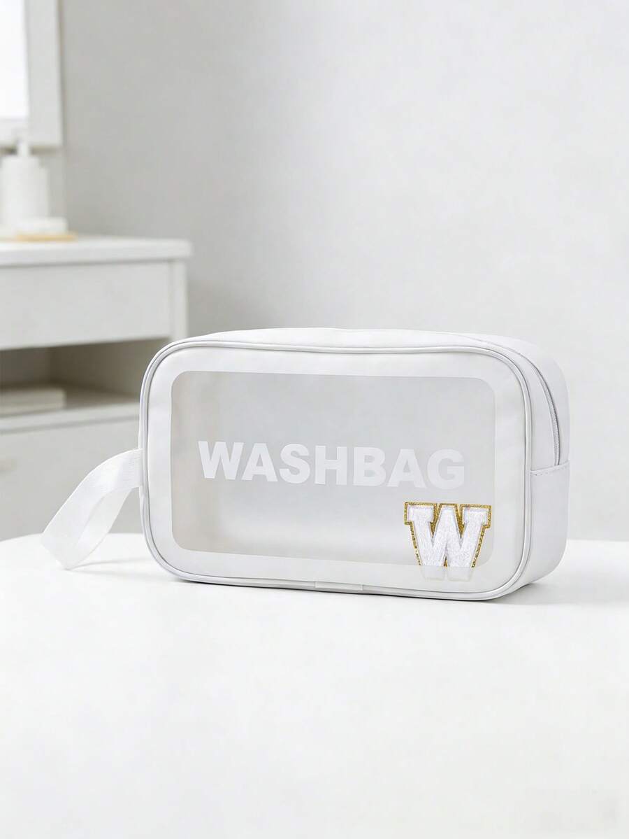 1PC Transparent Letter Toiletry Bag,Fashionable New Square Solid Color Makeup Bag With Embroidery Letters Summer Travel, Vacation Home Bathroom Decor Holiday Makeup Organizer Bathroom - White - View 1