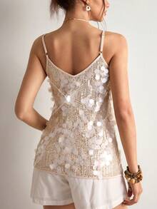 Freevana Women's Fashion Lace Trim Sequin Camisole For Summer - Apricot - View 2