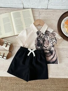 SHEIN Baby Boy Tiger Print Polo Shirt And Shorts Set, Casual Summer Outfit - Black - View 5
