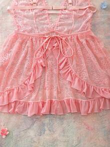 Spicy Aura Vestido de encaje con escote en V profundo, parches, volantes y lazo en la espalda, elegante y encantador, talla grande, para el Día de San Valentín en color rosa - Rosa - Ver 5