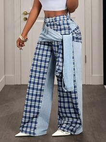 Slaydiva Women's Plaid Print Elastic Waist Tie Front Casual Versatile Jeans - Blue - View 3