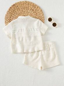 Cozy Pixies 2件套男婴纯色休闲翻领短袖衬衫和松紧腰短裤套装，婴儿夏季套装，奶油色女婴套装，婴儿休闲套装，婴儿夏季服装，男婴夏季衬衫，幼儿亚麻套装，男童中性婴儿服装，复古中性婴儿服装，婴儿纽扣衬衫 - 彩色 - 查看 6