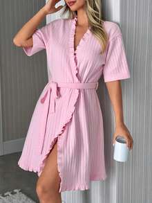 SHEIN Women Cotton Rib Knit Ruffle Detail Short Sleeve Homewear Lounge Robe - Pink - View 4