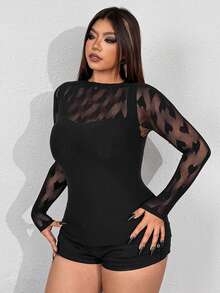 Whyspr Plus Size Women's Sexy V-Neck Hollow Heart Mesh Long Sleeve Fitted Top, Suitable For Spring, Summer, Autumn