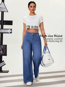 Flexra Quần jeans ống đứng cạp cao giặt thường ngày cho nữ - Màu xanh lam - Xem 5