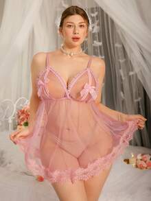 DelicateAllure Áo ngủ không tay cỡ lớn với viền xếp ly, nơ và thiết kế khoét hở, lãng mạn và quyến rũ. - Hồng - Xem 3