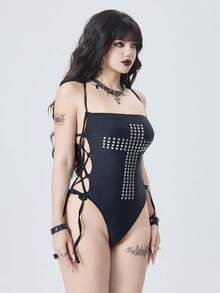 ROMWE Goth 女士暗黑哥特风沙滩度假吊带泳衣 - 黑色 - 查看 1