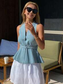 DAZY Women's V-Neck Sleeveless Waist Cinched Casual Denim Blouse, Summer - Light Wash - View 4