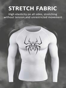 Manfinity EMRG 男士休闲蜘蛛印花圆领长袖运动T恤，秋季款 - 黑色 - 查看 5