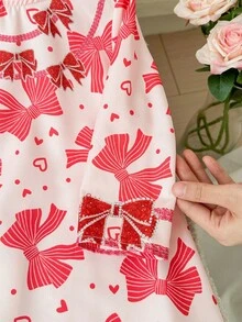 SHEIN Đầm dài tay cổ chữ V in nơ cho bé gái - Đỏ - Xem 4