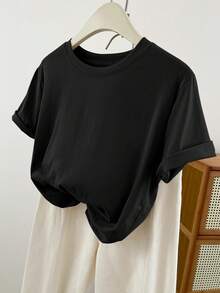 大码女式夏季纯色圆领短袖T恤