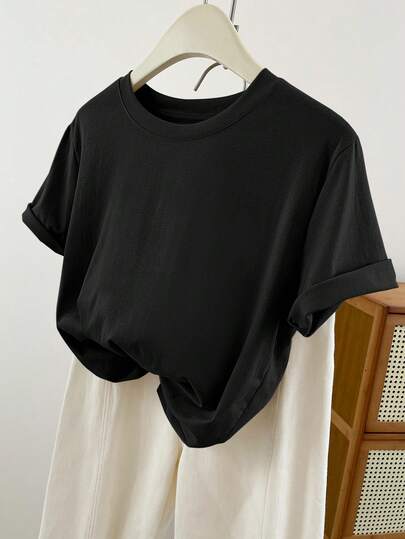 大码女式夏季纯色圆领短袖T恤